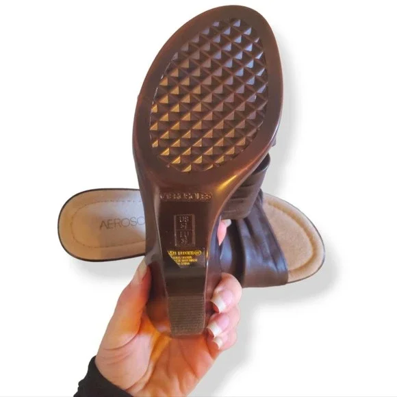 #389 Aerosoles Ledger Brown Leather Open Toe Block Heel Sandals Women 5.5 Shoes - Picture 4 of 6